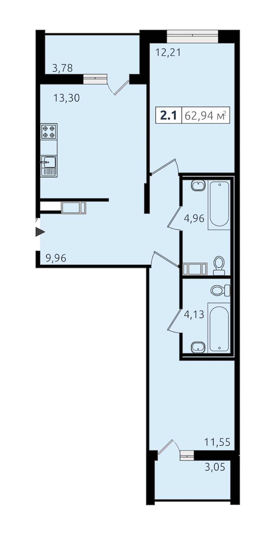 2-комнатная квартира 56.11 м², 13/14 эт., ЖК «Чёрная речка»